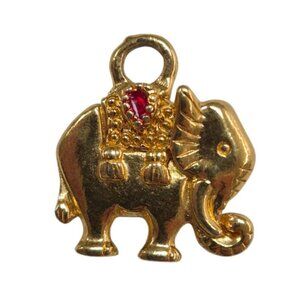 Vintage Gold Tone Elephant w/Red Enamel Accent Pendant for Necklace
